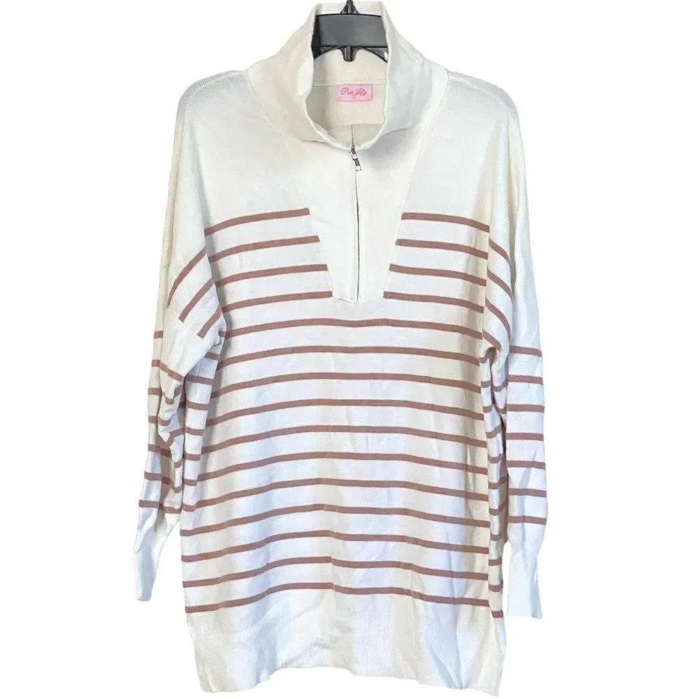 Pink Lily Quarter Zip Long Sleeve Relaxed Fit Tunic Length Striped Top Sz L